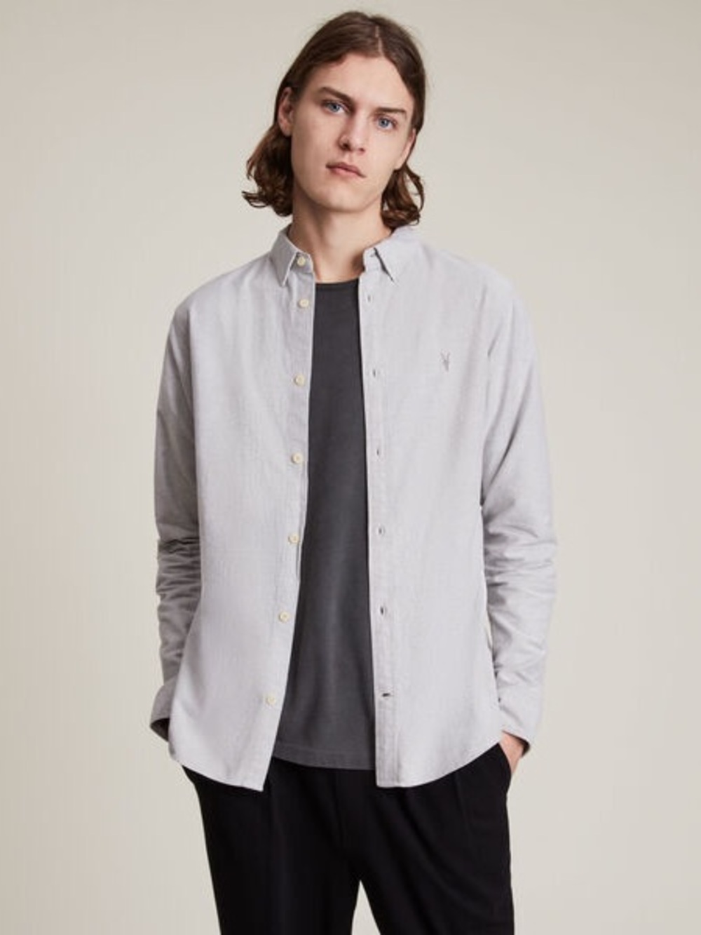 AllSaints Huntingdon Long Sleeve button down Shirt light Grey cotton collared sm